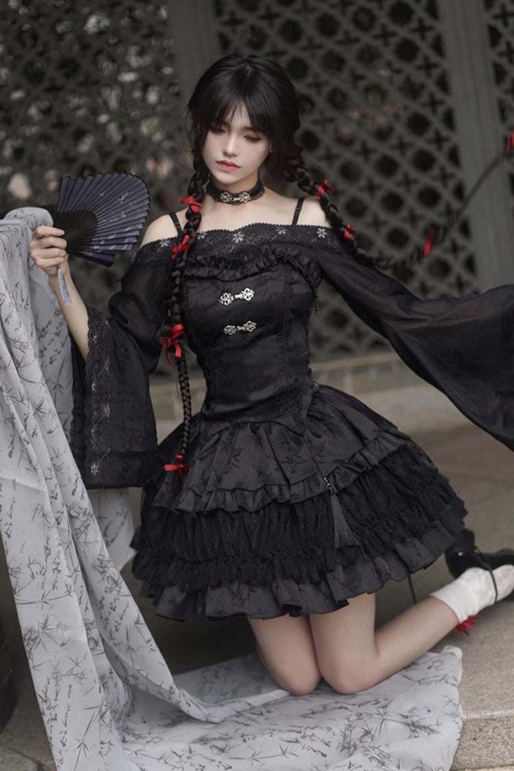 Gothic Chinese Lolita Skirt with Bamboo Leaves Print, Ruffles and Lace