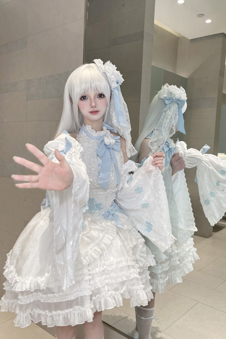 White Detachable Trumpet Sleeve Triple Ruffle Bow Lace Sweet Dress