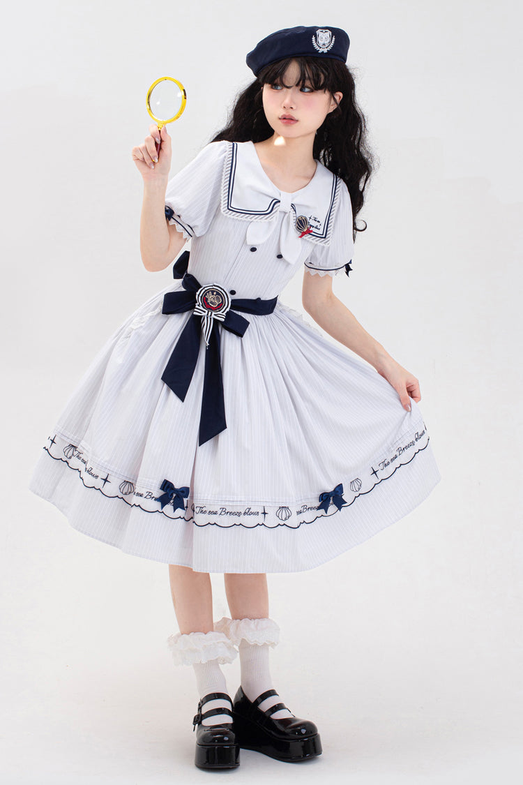 Navy Stripe Short Sleeve Ruffled Embroidery Sweet Lolita Dress