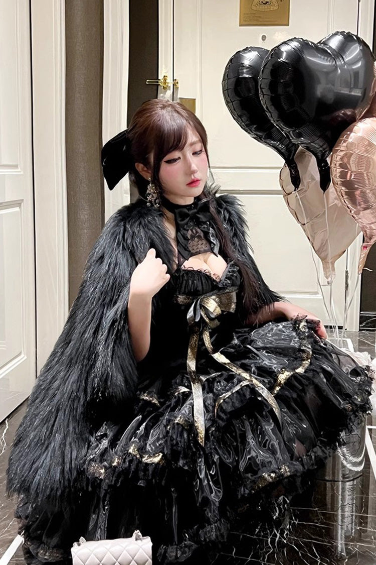 Black First Kiss Halterneck Triple-Layered Ruffle Lace Gothic Princess