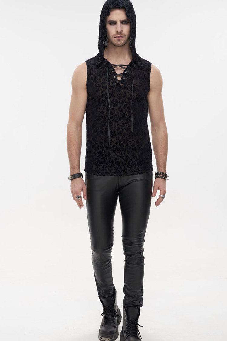 Velvet Jacquard Chest-Tie Sleeveless Punk Hoodie Shirt