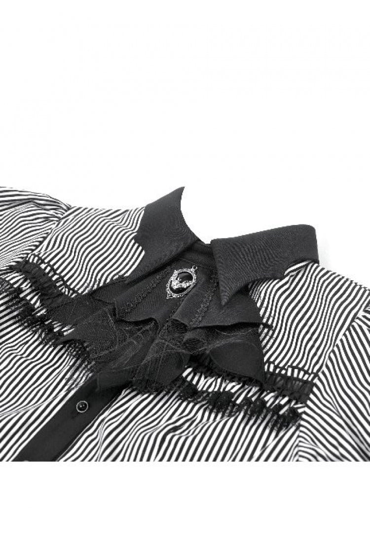 Monochrome Preppy Swallow-Tailed Blouse with Pinstripes and Detachable Tie