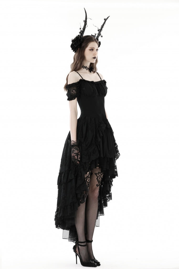 Gothic Dovetail Dress with Off-Shoulder Puff Sleeves & Lace