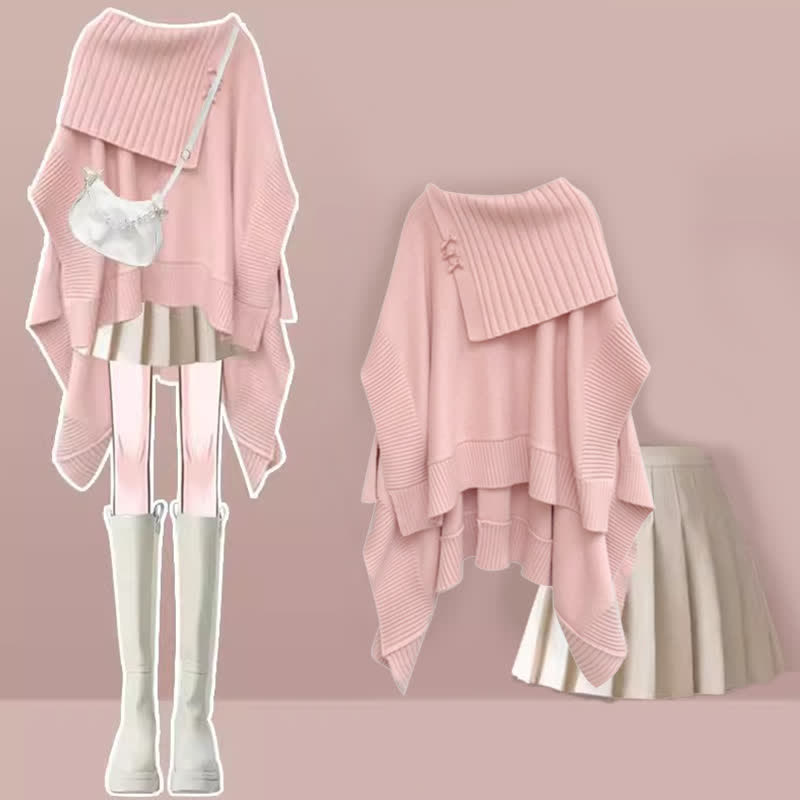 Irregular Off The Shoulder Loose Cloak Sweater Pleated Skirt