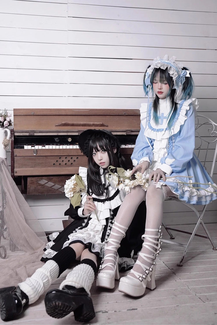 Long Sleeves Multi-layer Cross Print Nun Style Ruffle Gothic Lolita Dress