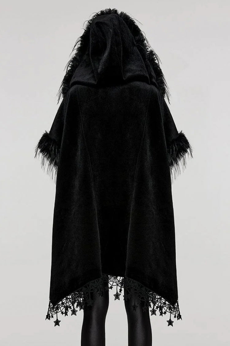 Elegant Gothic Hooded Cloak with Bat Sleeves, Tassels, Faux Fur and Lace Trim