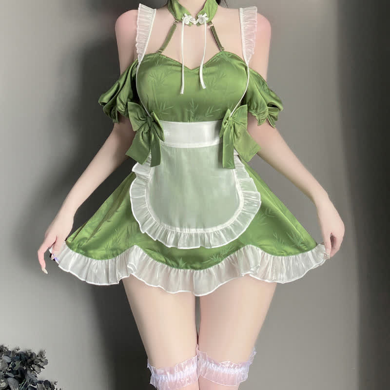 Green Maid Vintage Buckle Bow knot Lingerie Set