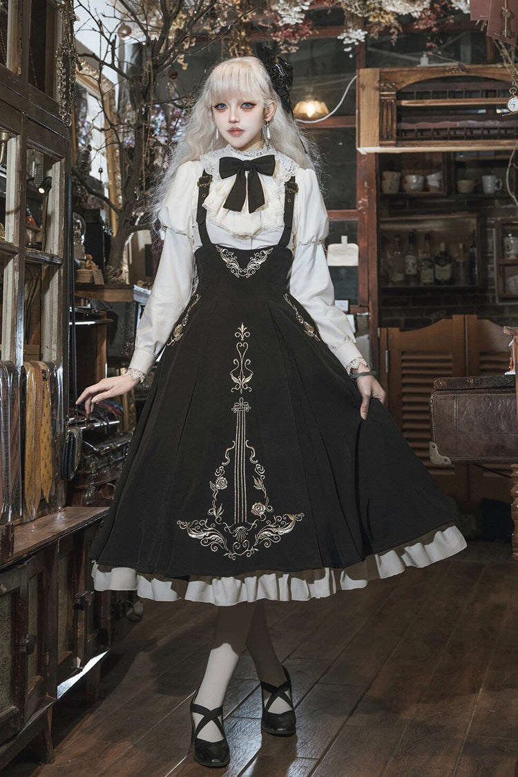 Black White Violin Variations Ruffled Embroidered Gothic Jumper Set