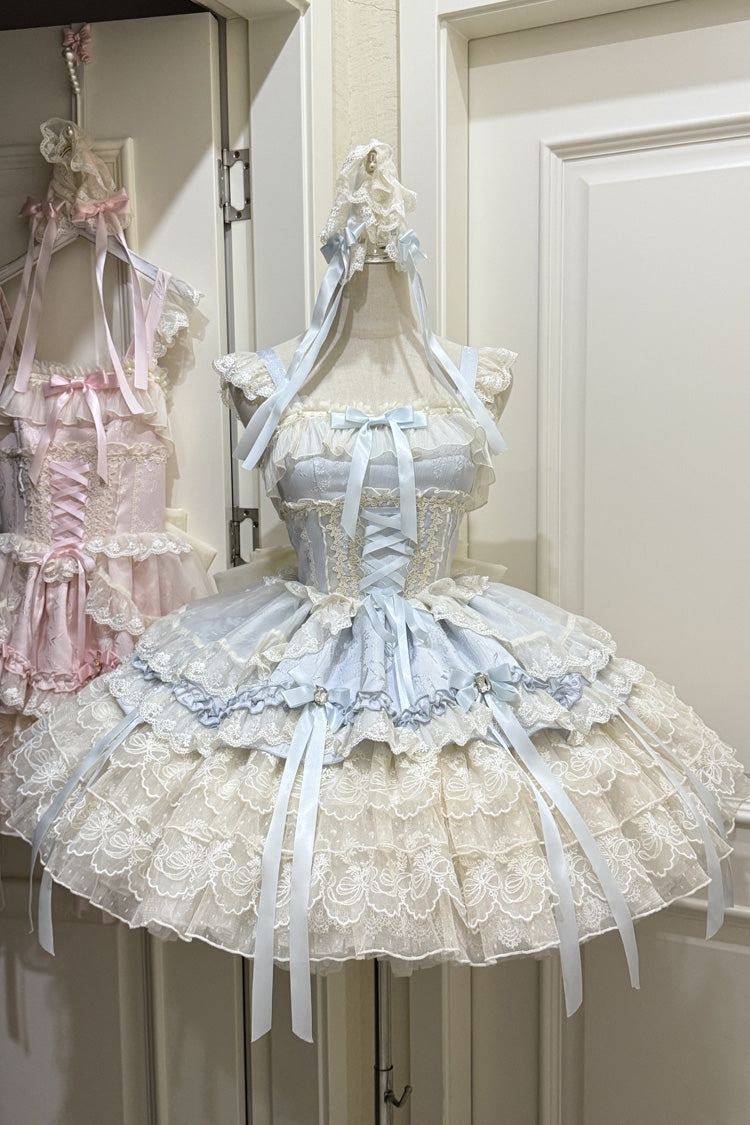 Azure Sleeveless Layered Ruffle Bow Lace Corset Ballet Jumper Dress - Ribbon Heart Love