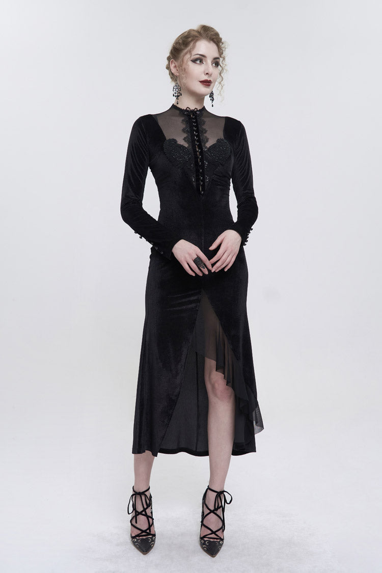High Collar Paisley Lace Mesh Dress with Asymmetric Hem - Black Gothic