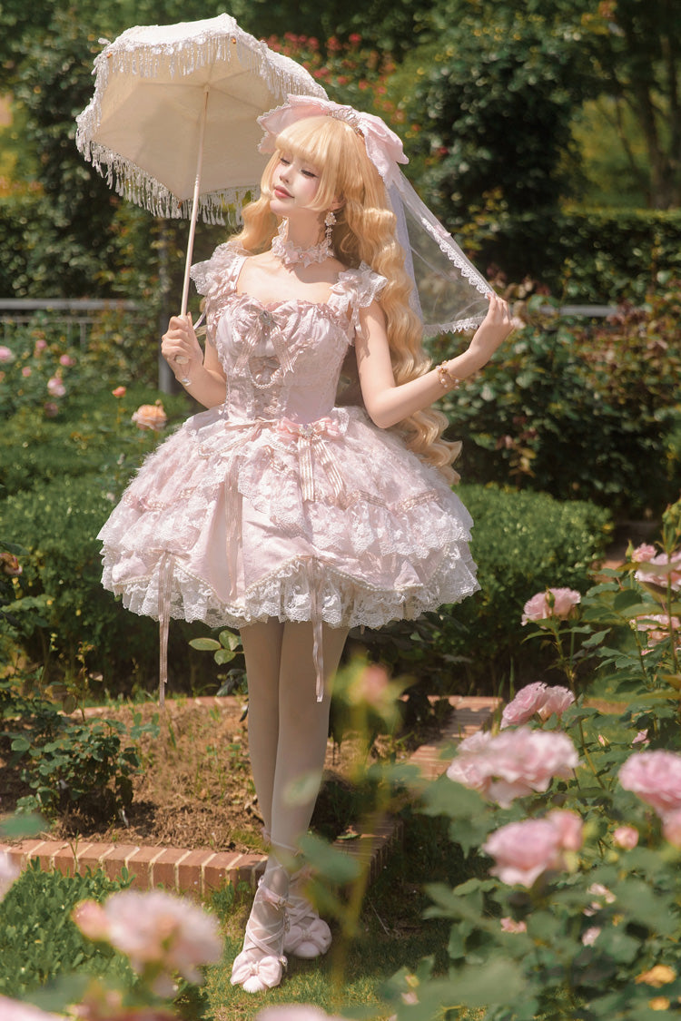 Pink [Anna’s Ball] Square Collar Ruffled Hanayome Bow Lace Sweet Princess Ballet Lolita Jsk Dress
