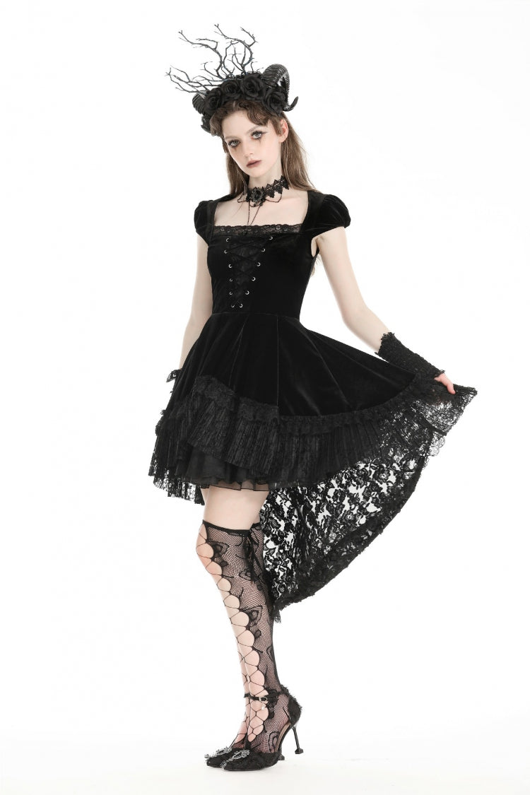 Noir Gothic Velvet Gown with Lace-Up and Square Neckline