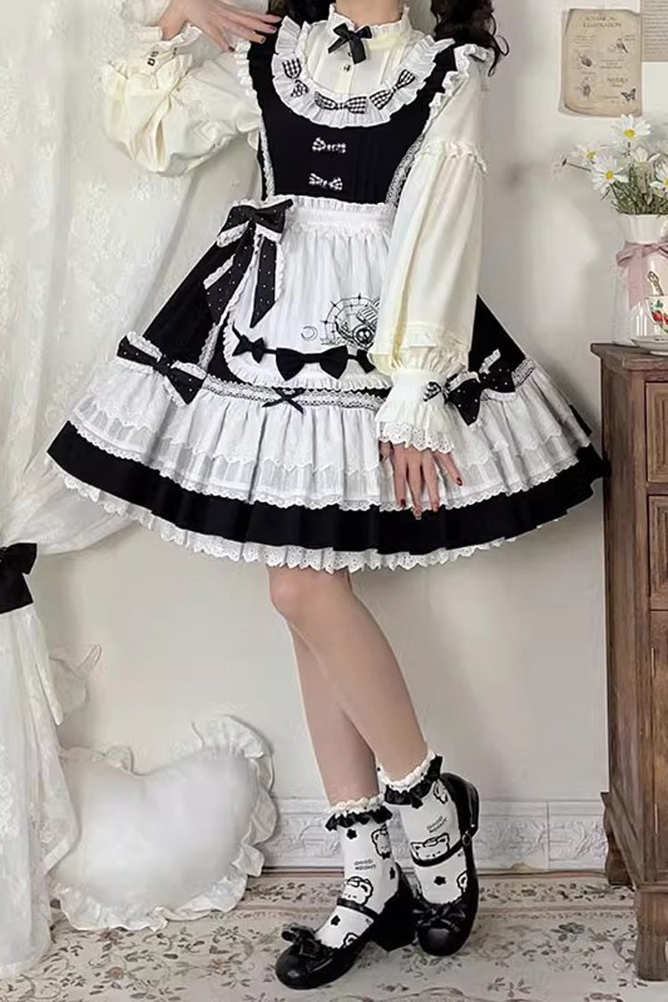 Monochrome Alice-Inspired Sweet Lolita JSK with Ruffled Square Collar