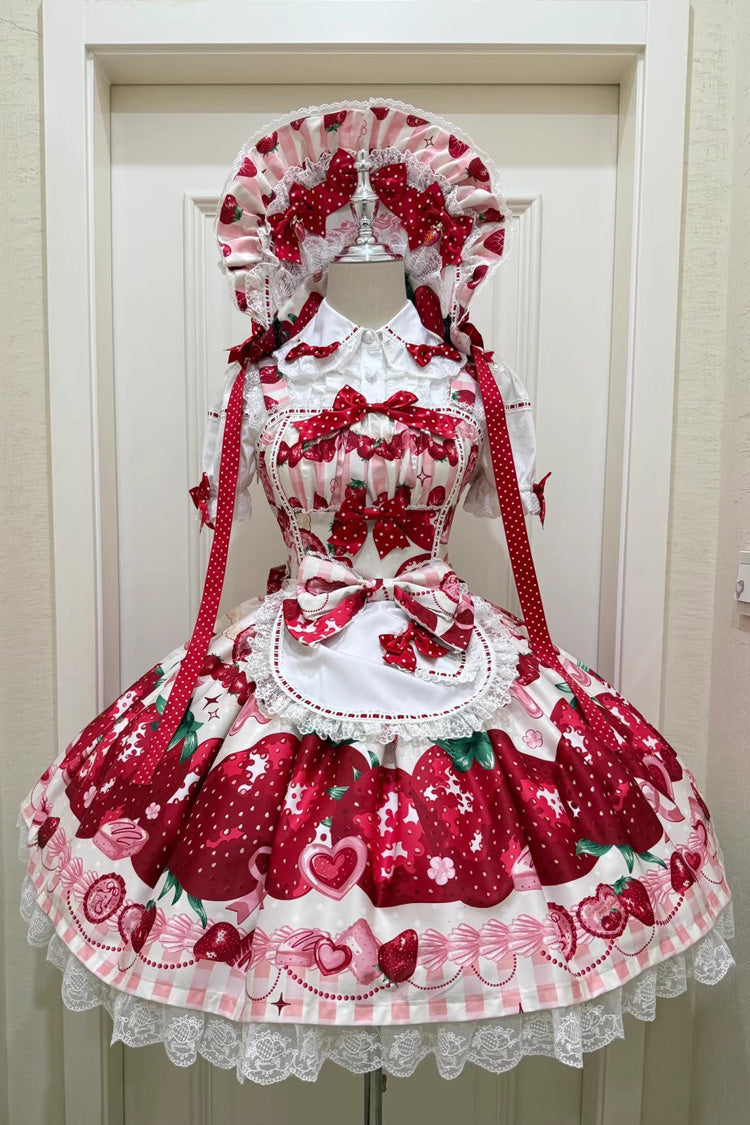 Dream to Strawberry Print Ruffled Bow Lace Sweet Lolita JSK Dress - 4 Colors