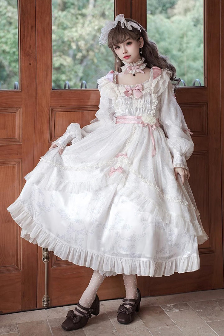 Ivory Rose Print Dress with Bowknot - Princess Lolita