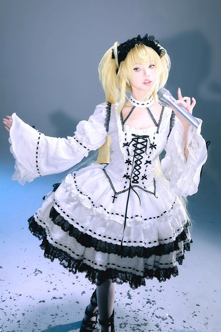 White Witch Long Sleeves Double-Layered Lace-Up Gothic Skirt Set
