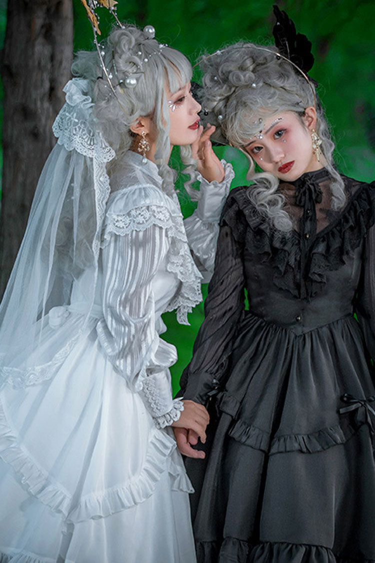 Gothic Lolita Dress with Hollow V Neck Long Sleeves Bowknot Hanayome Ruffled Design