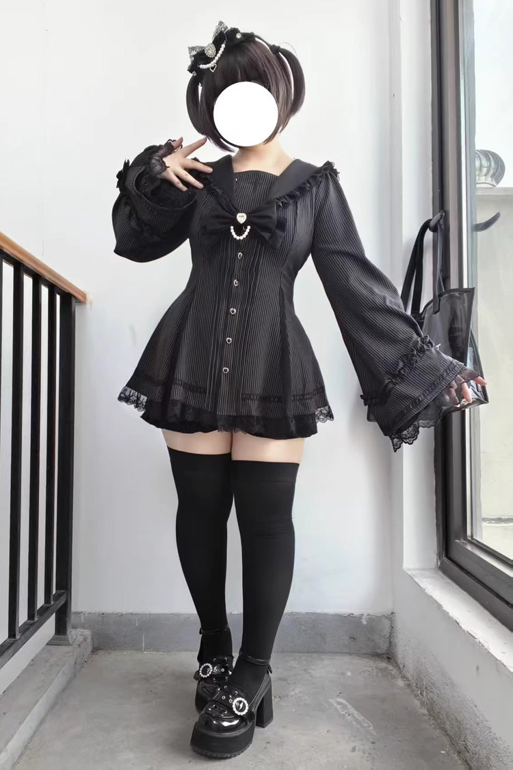 Square Collar Long Sleeves Bow Lace Pearl-Decorated Sweet Jirai Kei Dress and Short Set