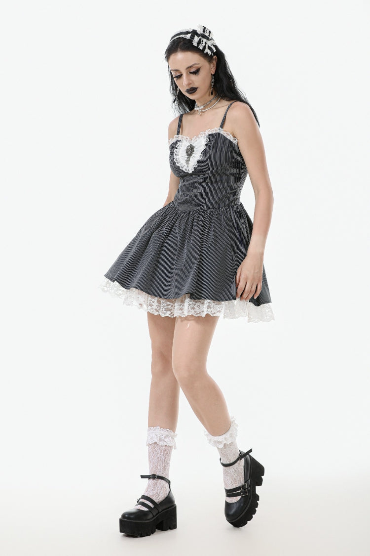 Black/White Pinstriped Sleeveless Lace Lace-Up Women's Gothic Lolita Slip Dress Graduation Dress