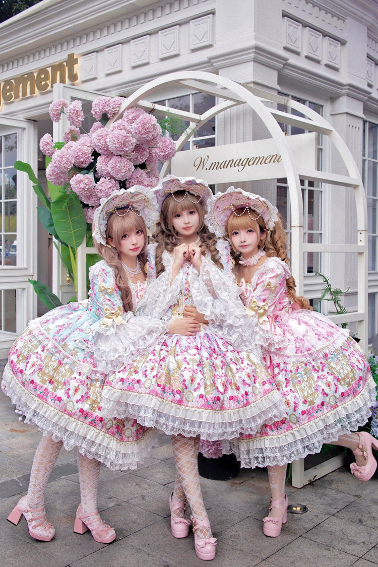 Blue/Pink [Rose Garden Prelude] Square Collar Long Trumpet Sleeves Printed Ruffled Bow Lace Lace-Up Sweet Lolita Dress