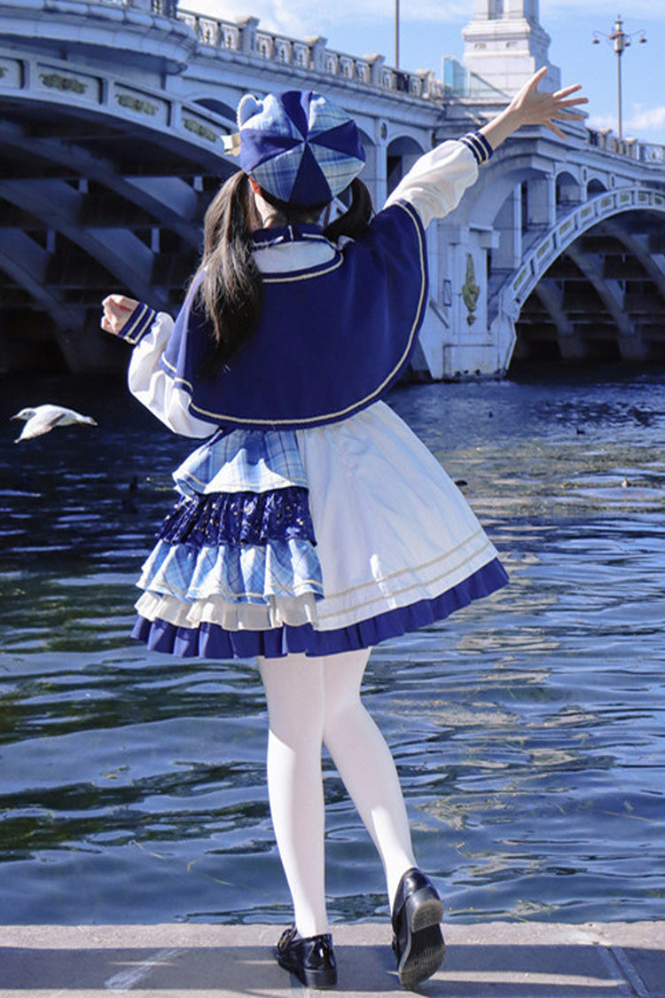 White Blue Starlight Academy Style Long Sleeves Printed Ruffled Spliced Asymmetric Faux Two-Piece Sweet Dress