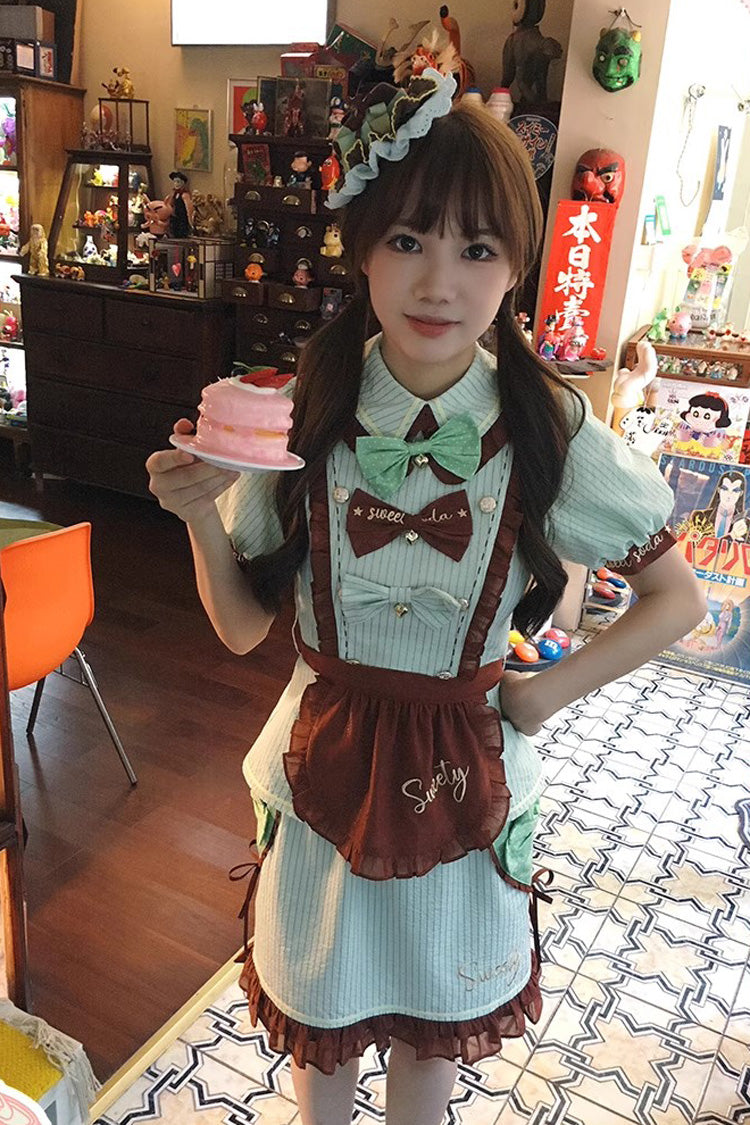 Green Sweet Soda Short Sleeves Print Ruffle Apron Vintage Skirt Set