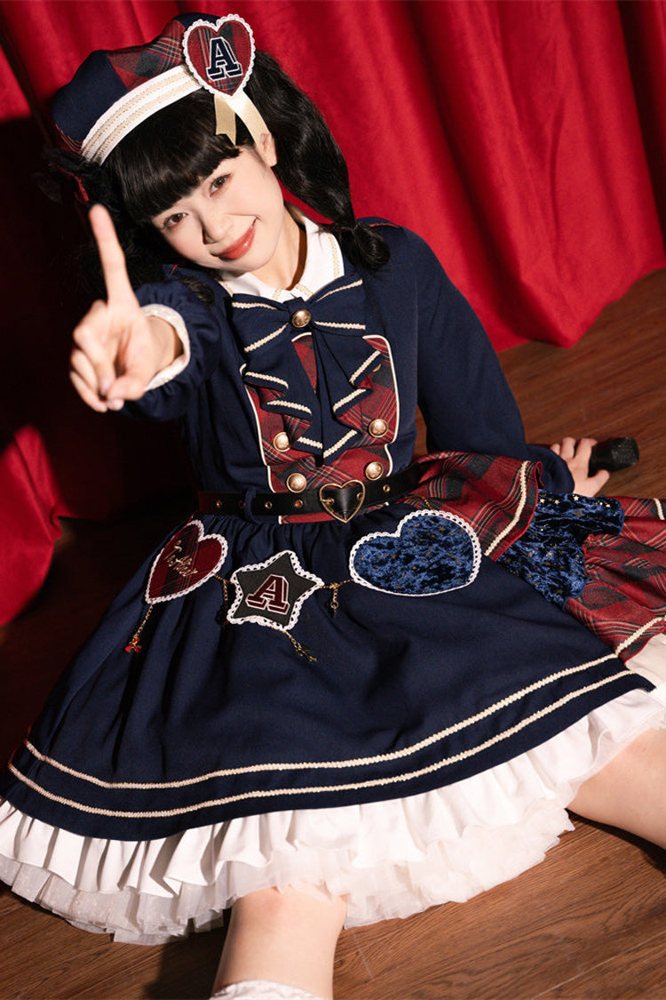 Red Dark Blue Starlight Academy Style Long Sleeves Printed Ruffled Spliced Asymmetric Faux Two-Piece Sweet Dress