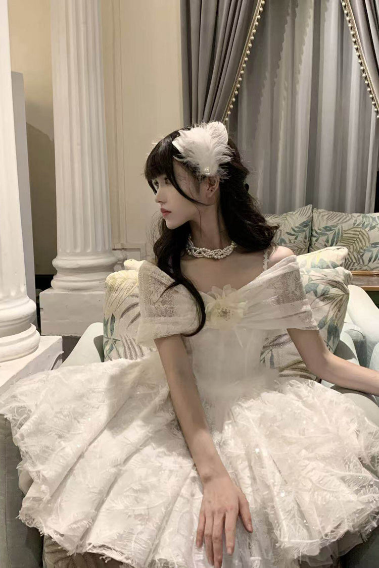 White Moonlight Off-Shoulder Jacquard Embroidered Bow Gothic JSK