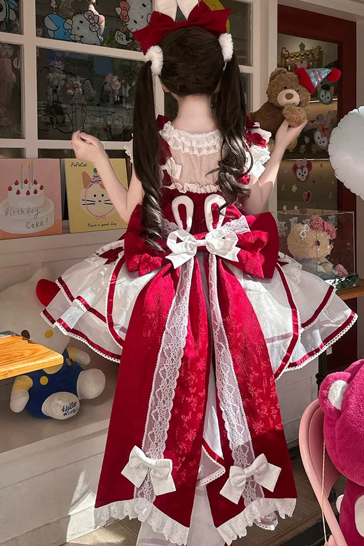 Red [Velvet Rabbit] Sleeveless Multi-Layered Ruffled Bow Sweet Lolita Jsk Dress Set