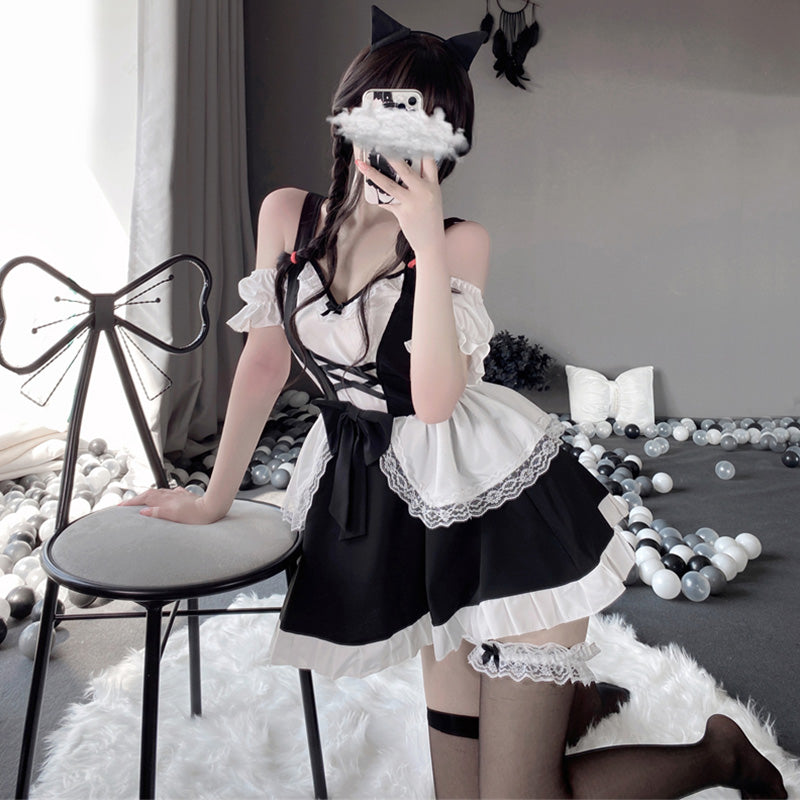 Kawaii Ruffle Maid Lingerie Dress Stockings Set