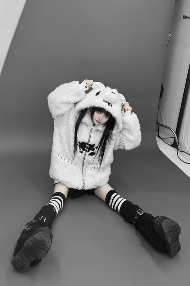 White Long Sleeve Bear Ear Hooded Zippered Gothic Jirai Kei Coat