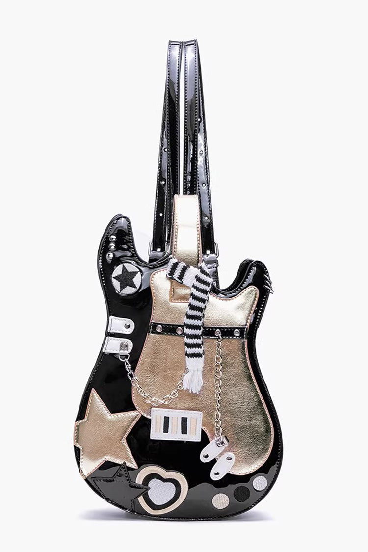 Embroidered Itabag with Guitar Heart and Chain, Color-Block Sweet Lolita