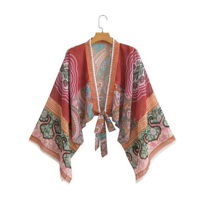 Boho Print Lace Up Cardigan Kimono Outerwear