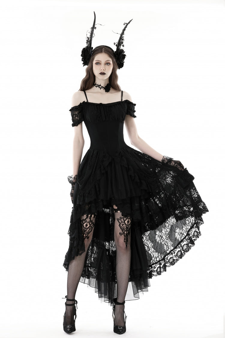 Gothic Dovetail Dress with Off-Shoulder Puff Sleeves & Lace