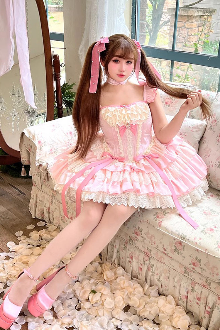 Pink Candy Multi-Layer Ruffle Bow Ballet Lolita Dress - Strawberry Candy