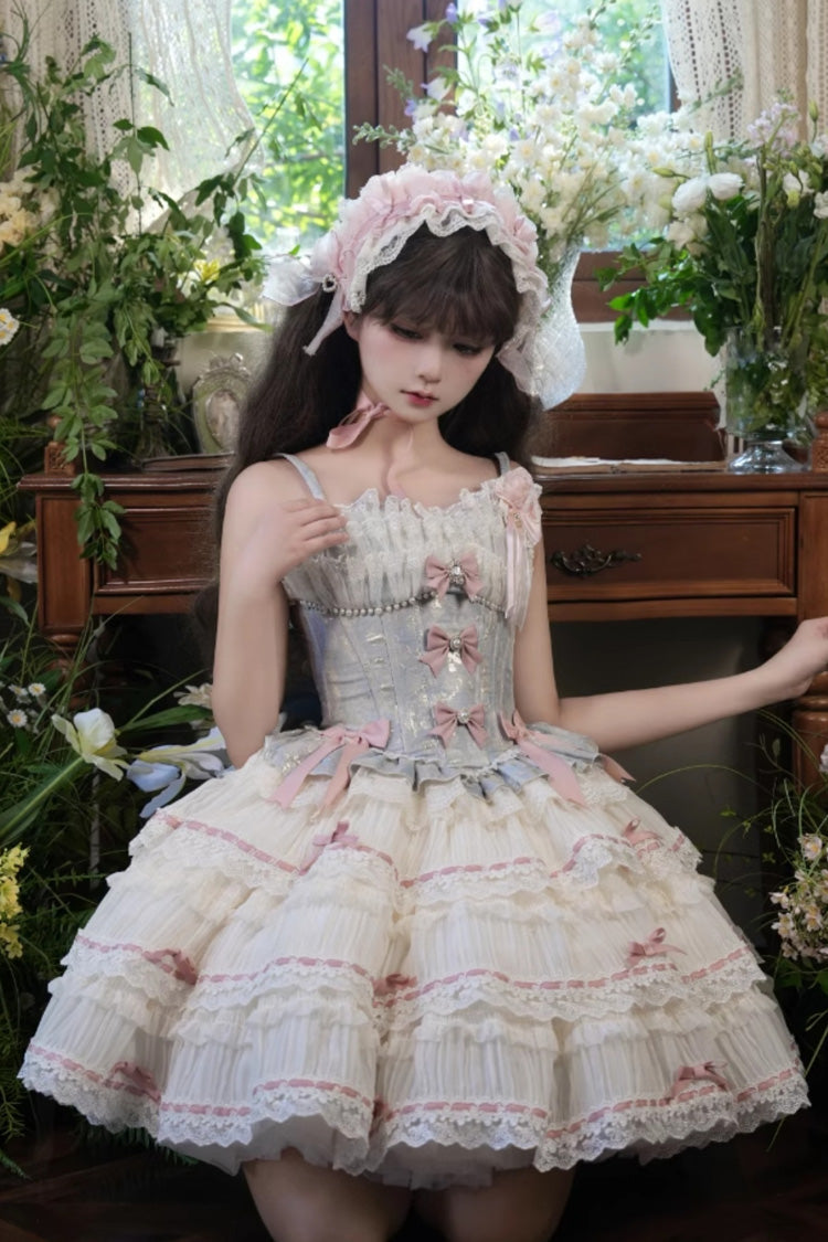 Sea Salt Souffle Sleeveless Multi-Tier Bow Lace Ballet Lolita Jumper Dress