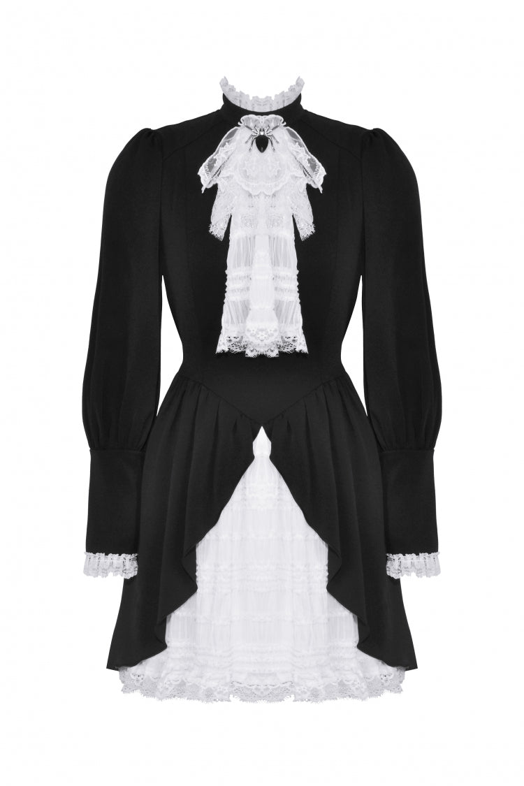 Monochrome Gothic Dress with Pleated Lace, Stand Collar, and Puff Sleeves