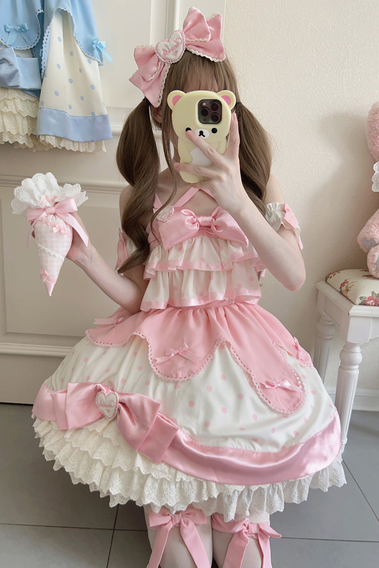 Pink Cream Polka Dot Ruffled Bowknot Sweet Lolita Jumper Dress