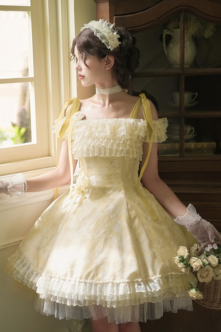 Golden Square Collar Flutter Sleeve Printed Ruffle Lace Sweet Elegant Short Dress - Falling Flowers as a Message