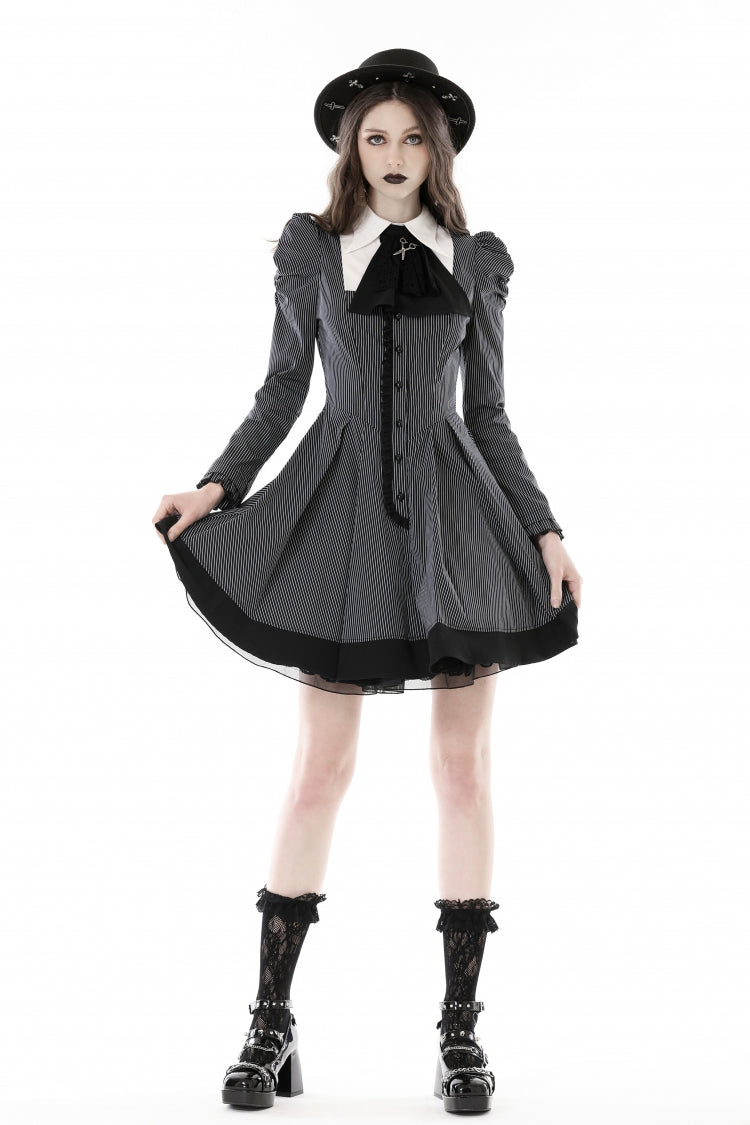 Black/White Notch Collar Puff Sleeve Gothic Striped Preppy Dress