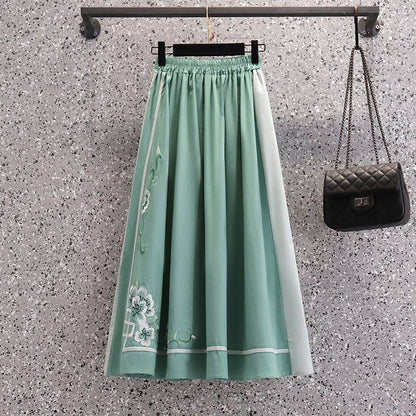 Green Blossom Print Vintage Top Skirt Set