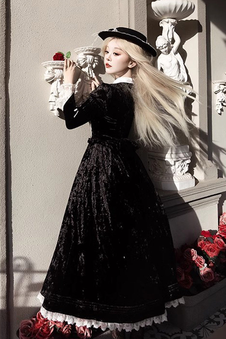 Noir Long Sleeve Ruffle Bow Lace Gothic Dress - Whispering Castle