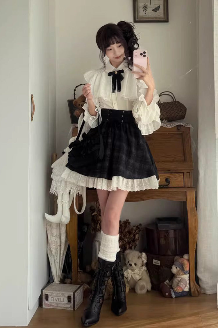 Monochrome Plaid Lace-Up Sweet Jirai Kei Skirt Set