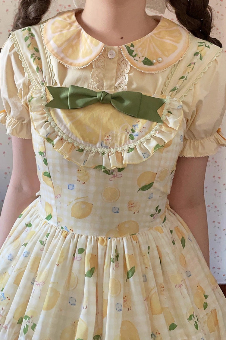 Sunshine Printed Ruffle Bow Lace Sweet Long Jumper - Lemon Chicken