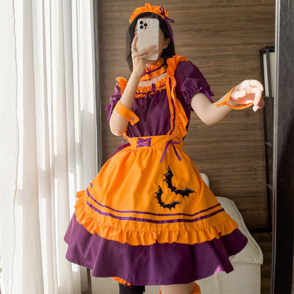 Cute Bat Embroidery Lace Up Ruffled Maid Dress