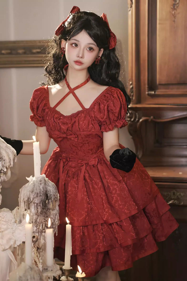 Red Thorn Rose Short Sleeve Multi-Layer Ruffle Bowknot Gothic Dress