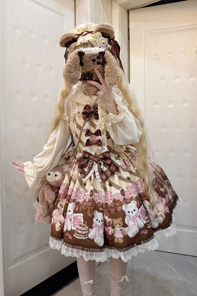 Chocolate Brownie Sleeveless Printed Ruffled Bow Lace Sweet Strap Dress