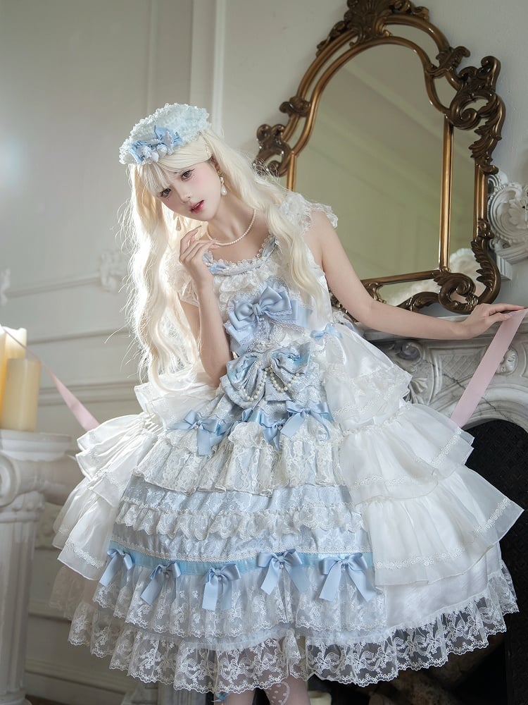 Dress Hime Tiered Skirt Lolita Bows and Hanayome White Blue Decoration