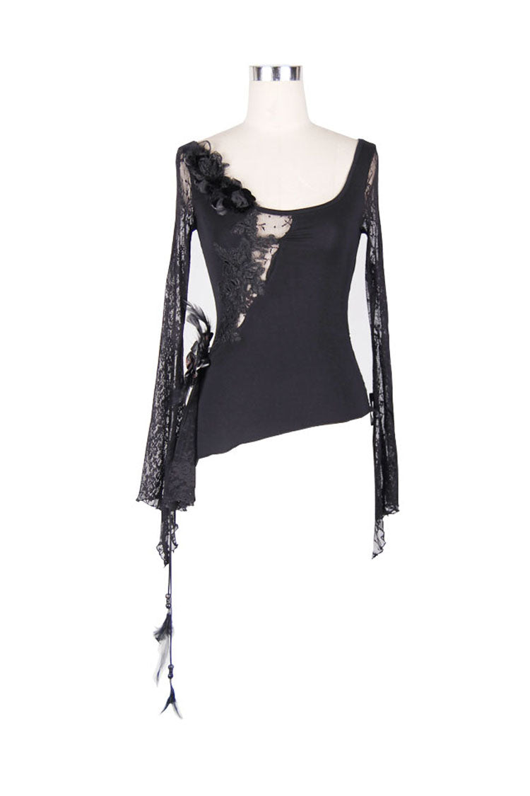 Women's Gothic T-Shirt in Black with Rose Decoration, Flare Sleeves & Irregular Lace Hem
