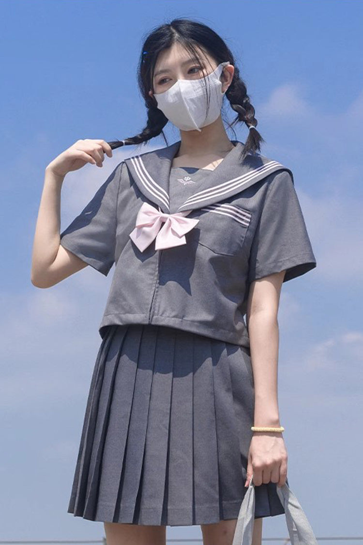 Ash Navy-Collar School Pleated Skirt